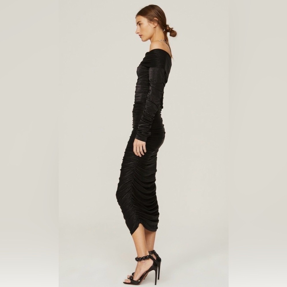 Bronx & Banco Amara Ruched Long Sleeve Off the Shoulder Midi Dress Black M - Picture 2 of 8